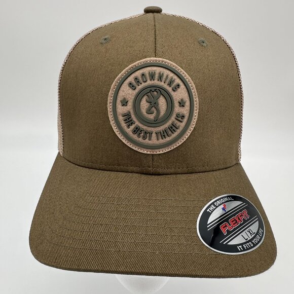 Browning Dusted Circle Patch Logo FlexFit Meshback Trucker Cap, Size L/XL, Brown - Picture 1 of 13